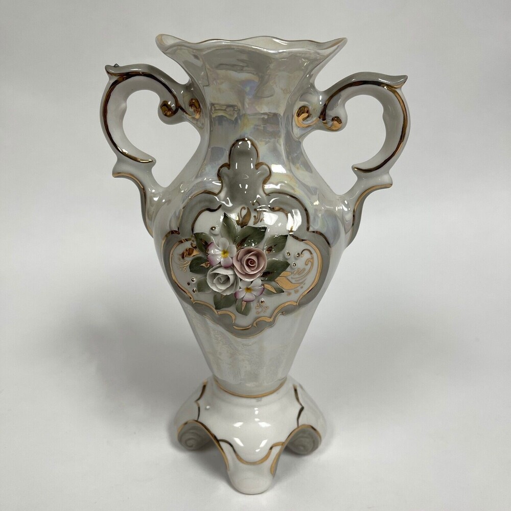 Alan Russian Porcelain Opalescent Vase Hand Work Kislovodsk Floral 9 1/4" Tall